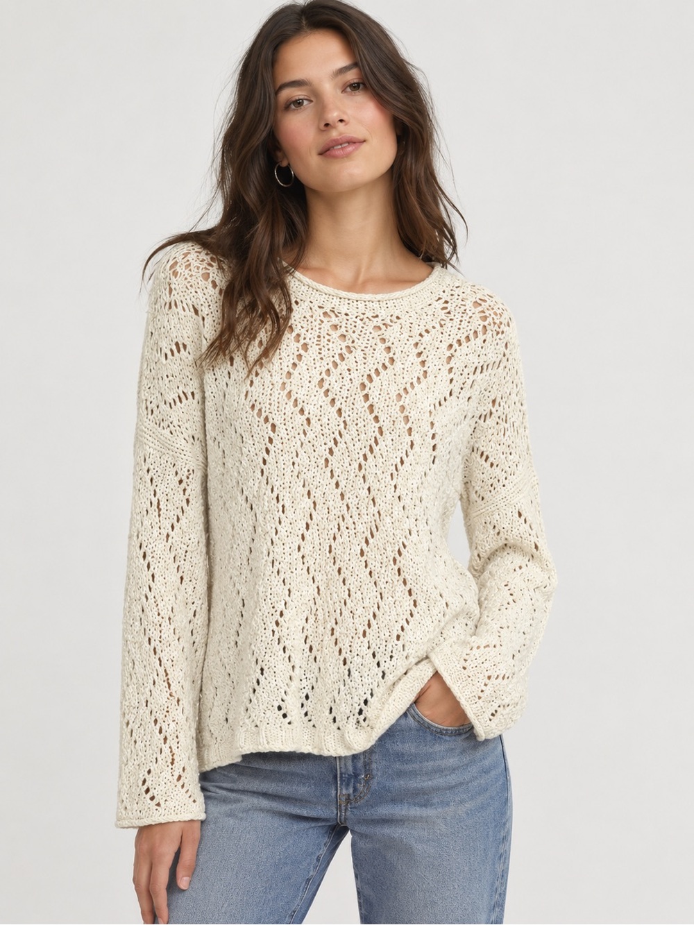 Anthropologie Akemi & Kin Cream Openwork Chevron Knit 100% Cotton Casual Sweater